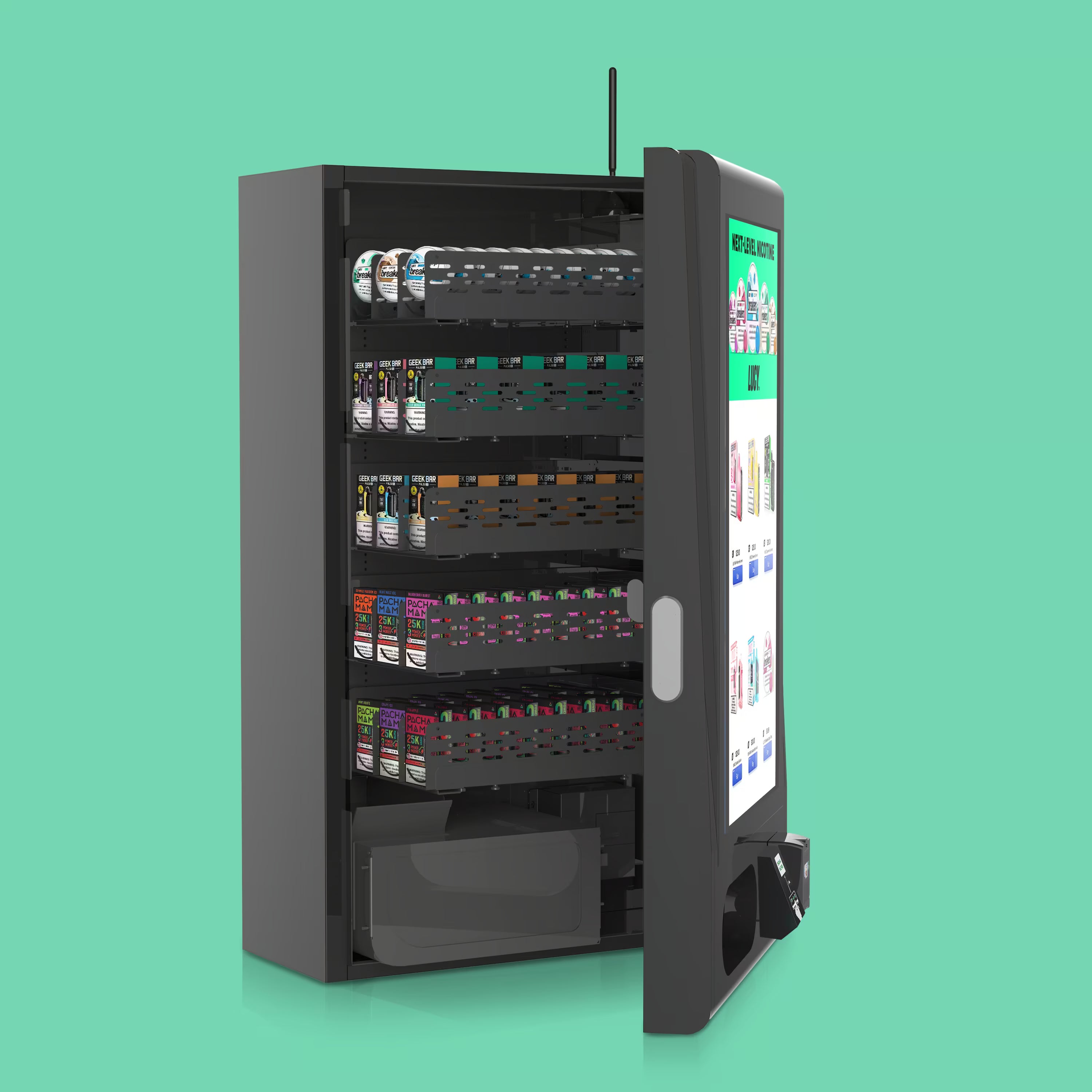 Automated retail machine interior stocked with product